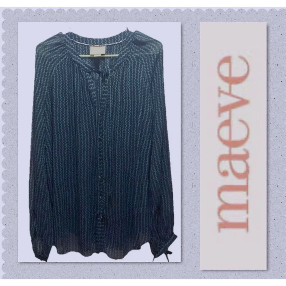 MAEVE Anthropologie Women's XL Viscose Sheer Blouse GREEN &‎ BLUE L/S